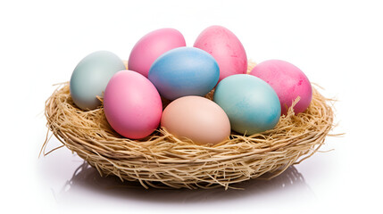Obraz premium Vibrant Multicolored Easter Eggs in Wicker Basket on White Background, mock up