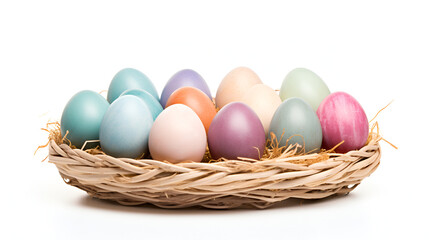 Fototapeta na wymiar Easter Eggs in Pastel Colors Wicker Basket Isolated on White Background, mock up