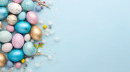 Colorful composition of Easter eggs in pastel colors on a light blue background, holiday decorations