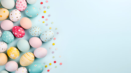 Fototapeta na wymiar Colorful Easter eggs in pastel colors on a light blue background, top view, space for inscription
