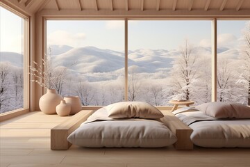Winter Mountain View. Cozy Japanese Chalet Interior with Wooden Bench, Beige Pillows, and Blanket