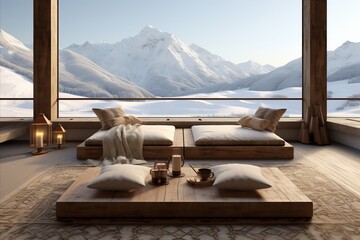 Winter Mountain View. Cozy Japanese Living Room with Wooden Bench and Panoramic Grid Window