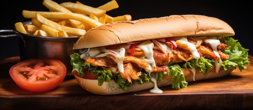 Cheesy chicken submarine sandwich with veggies and fries