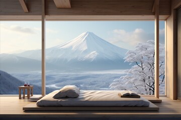 Cozy Japanese living room with stunning snowy mountain view from panoramic grid window