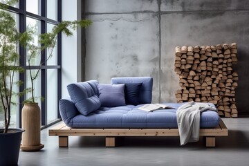 Modern Scandinavian Living Room with Blue Sofa and Tree Cross-Section Wall Decor