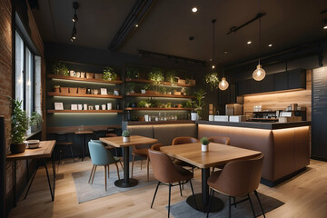 Fototapeta na wymiar A cozy and inviting coffee shop, with warm lighting and comfortable seating, perfect for networking and discussing business ideas over a cup of coffee. Generative AI