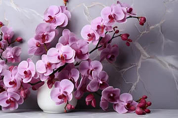 Foto op Canvas lilac, purple orchids in close-up on a marble background. exotic flowers. © MaskaRad