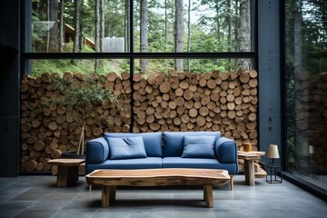Modern Spacious Living Room with Blue Sofa, Tree Wall Decor, and Scandinavian Home Interior Design