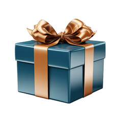 Blue Gift Box with Brown Bow Isolated on Transparent or White Background, PNG
