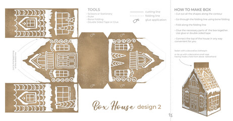 Christmas Gingerbread Village Paper House template. Vintage Printable file for print. Print and glue house scheme.