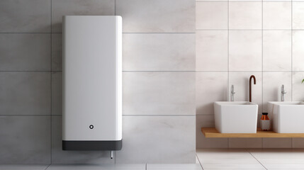 Modern home gas boiler, water heater. An isolated gas stove on white background. Water heating, ecology. Concept lifestyle. - obrazy, fototapety, plakaty