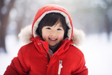 Funny excited little boy in red winter clothes walks during a snowfall.