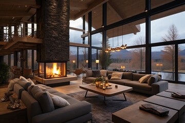 Modern Scandinavian Living Room with Grey Sofa, Rustic Wooden Coffee Table, and Fireplace in Chalet