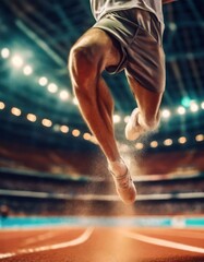 Fototapeta premium Mid-Air Marvel: Olympic Long Jumper's Soaring Feat. Generative AI