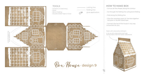 Christmas Gingerbread Village Paper House template. Vintage Printable file for print. Print and glue house scheme. - 687432953