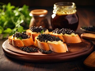 Tasty bruschetta with black caviar on wooden table with cup of coffee and oranges in the background