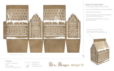 Christmas Gingerbread Village Paper House template. Vintage Printable file for print. Print and glue house scheme. - 687433373