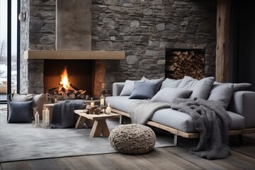 Cozy Scandinavian Living Room with Grey Sofa, Rustic Wooden Coffee Table, and Fireplace in Chalet