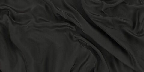 Black dark fabric satin texture. Rippled black silk fabric