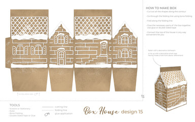 Christmas Gingerbread Village Paper House template. Vintage Printable file for print. Print and glue house scheme. - 687433551
