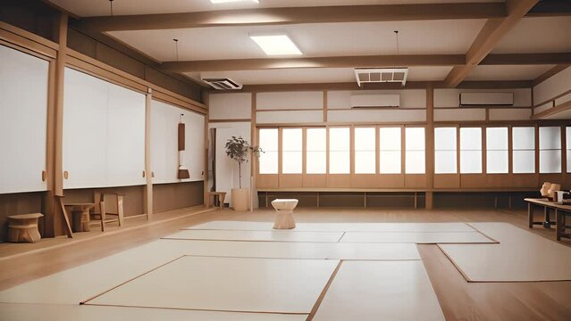 Spacious room for martial arts practicing. Traditional interior for dojo or karate school hall. Indoor horizontal background with copy space.