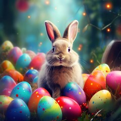 Cute Easter bunny with colorful eggs. Idea for Easter, Holy Week
