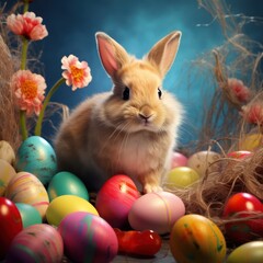 Cute Easter bunny with colorful eggs. Idea for Easter, Holy Week
