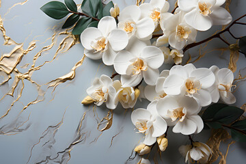 white orchids on a marble background. exotic flowers in close-up.