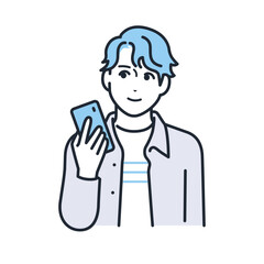 笑顔でスマートフォンを持つ服装の若い男性のシンプルなベクターイラスト素材