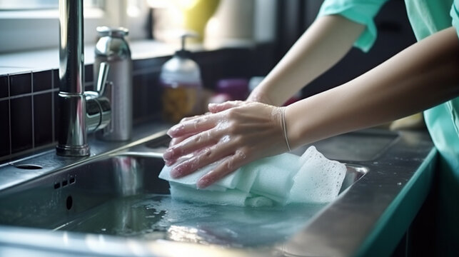 Washing hands with soap under the faucet with water. Hygiene concept. Generative AI