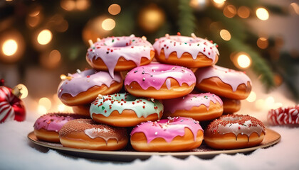 Pile of donuts with cristmas tree background. Generative AI