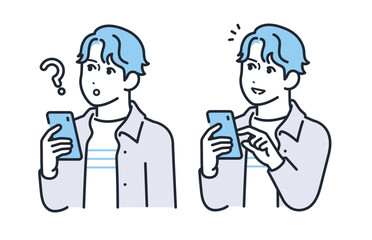 スマホを持って考える表情と笑顔で喜ぶ表情の若い男性のシンプルなベクターイラストセット素材