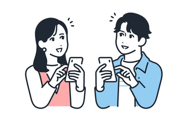 スマートフォンと笑顔の若い男女のシンプルなベクターイラストセット素材