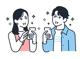スマートフォンを持って目を輝かせる若い男女のシンプルなベクターイラスト素材