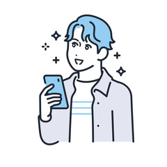 スマートフォンを持って期待するカジュアルな服装の若い男性のシンプルなベクターイラスト素材