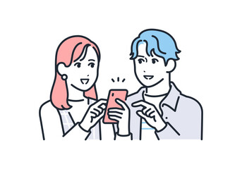 スマートフォンを見ながら相談する若い男女のシンプルなベクターイラスト素材