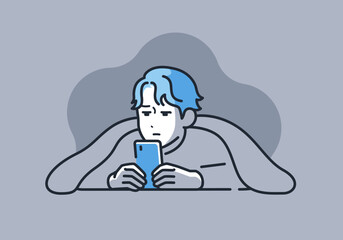 暗闇の中でスマートフォンを見る若い男性のシンプルなベクターイラスト素材