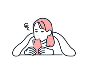 ごろごろしながらスマートフォンを見る若い女性のシンプルなベクターイラスト素材