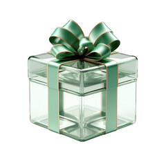 Glass Gift Box with Green Bow Isolated on Transparent or White Background, PNG