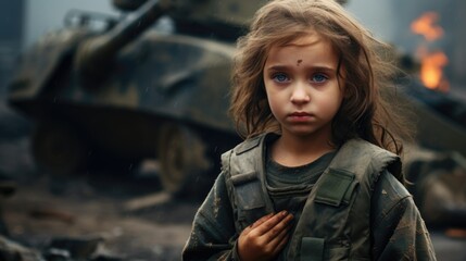 Destroyed ruined building background. Terrible tragic war concept. Global crisis. Poor little girl suffer. Political conflict. Dirty scared children. Sad scary scene. Hot spot aggression. Pray for kid - obrazy, fototapety, plakaty