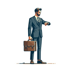 Standing businessman carrying a briefcase and looking at watch flat design vector illustration.