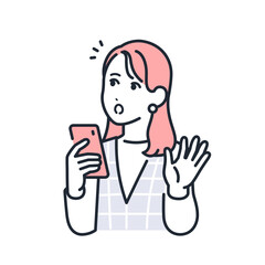 スマートフォンを持って驚くおしゃれな若い女性のシンプルなベクターイラスト素材