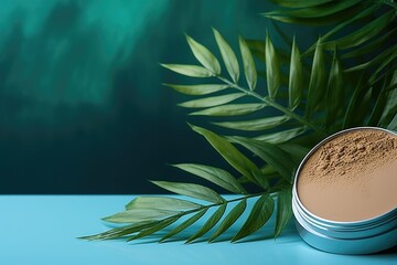 Tropical leaves with cosmetics on green background.