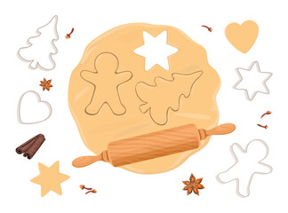 Baking Christmas cookies. Making gingerbread dough for Holidays. Form for cutting gingerbread, rolling pin and spices isolated on white background. Vector cartoon illustration.