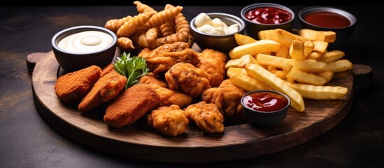 Assorted street food platter with mozzarella sticks, chicken wings, onion rings, fries, and sauce. - obrazy, fototapety, plakaty