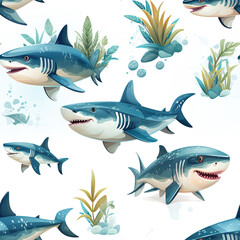 Sharks isolated on white repeat pattern