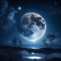 Photo sur Plexiglas Pleine Lune arbre Beautiful moon with great night and star shinning, ai generation