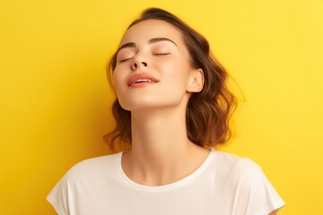 Portrait of happy girl posing and smiling with her eyes closed and open her mouth