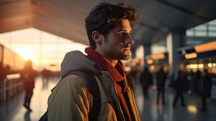 Fototapeta premium The guy with the backpack at the airport. Young handsome man waiting for boarding, walks through airport terminal.