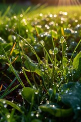Dew Drops Glisten on Morning Grass Blades